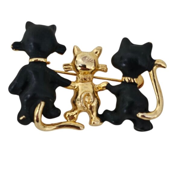 Vintage Trio Cat Pin Gold & Black Kitten Family Brooch - Picture 4 of 4